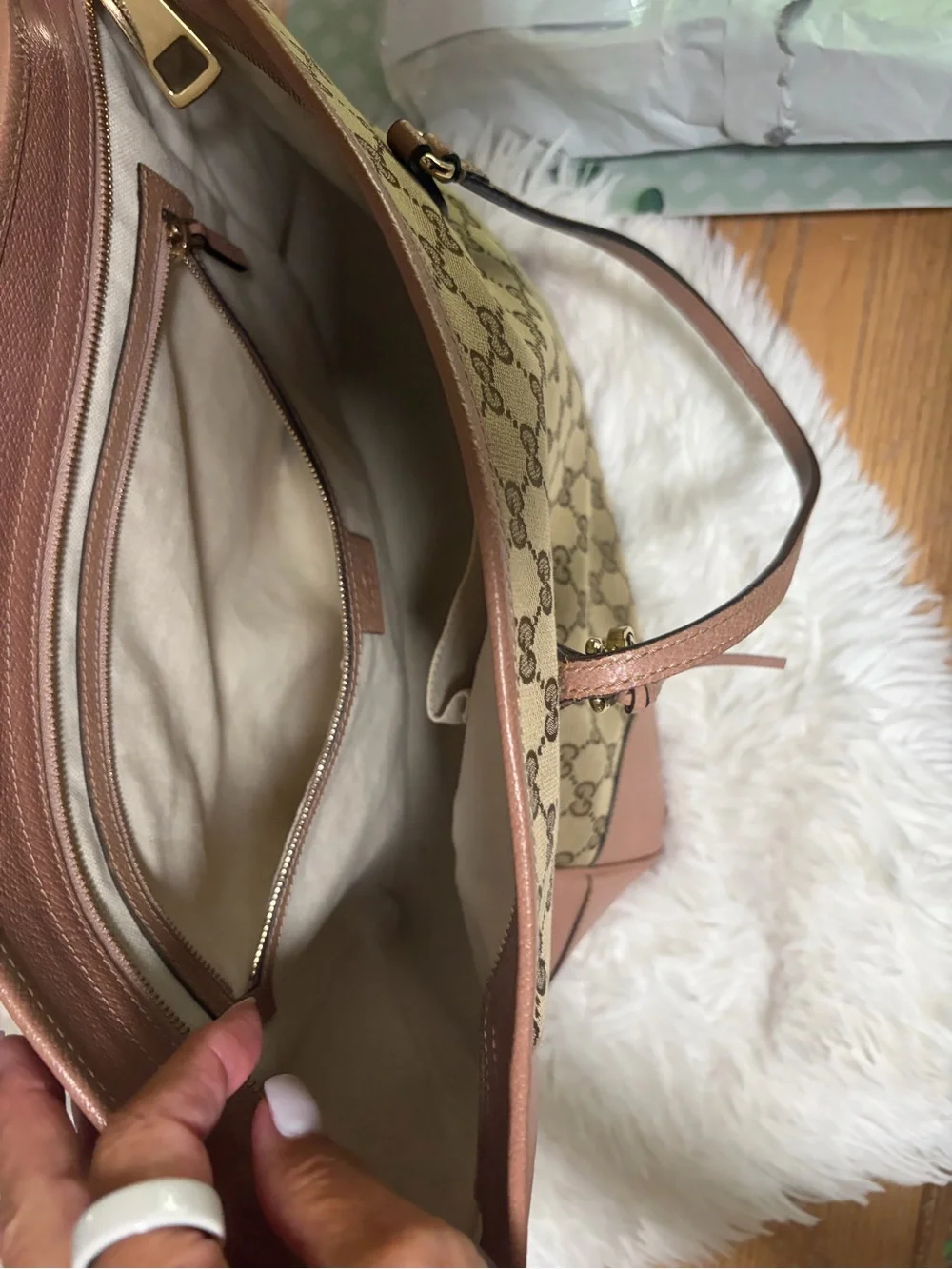 Gucci Beige GG Canvas Tote with Pink Leather Accents